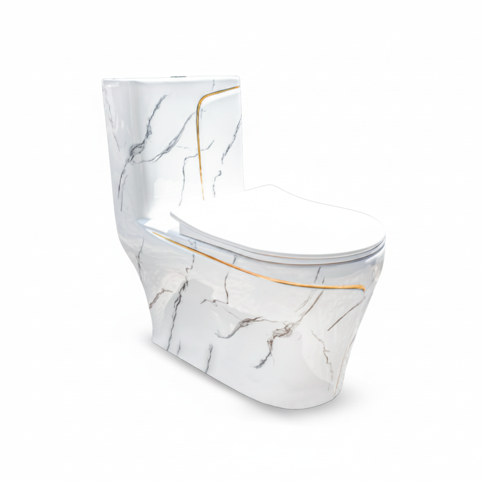 INODORO ONE PIECE ORCHID + TAPA ASIENTO Y ACCES. MINIMALISTA BLANCO MARMOLEADO C/LINEA DORADA (690X380X750) - FRATELLI PREMIUM